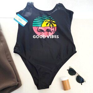 IFFEI Good Vibes One-Piece Swimsuit – Flamingo Graphic – Size M NWT